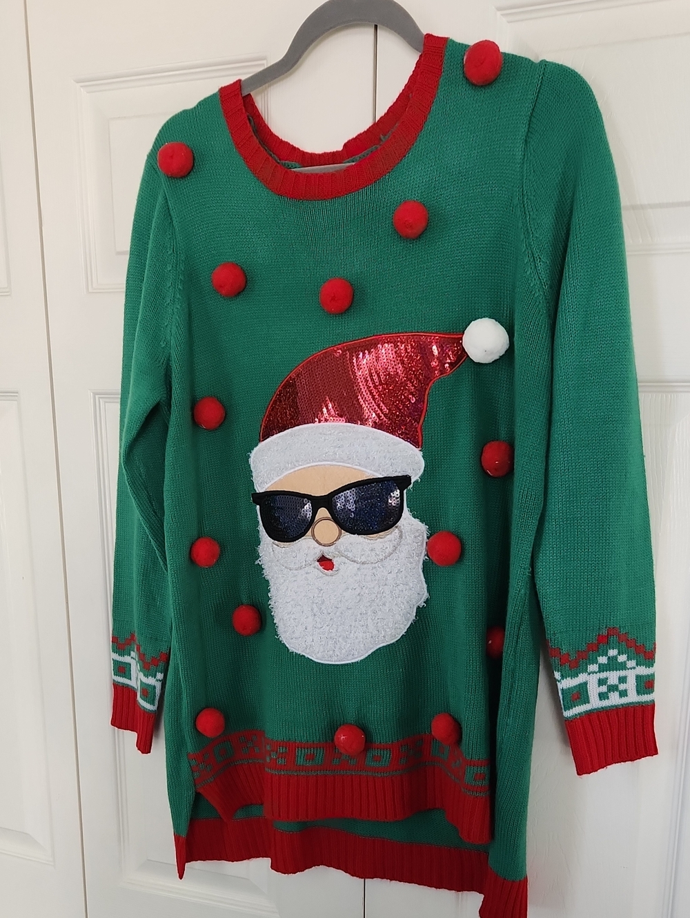 Holiday Time Green "Santa" Christmas Santa Pom-Pom Sweater with Red Accents